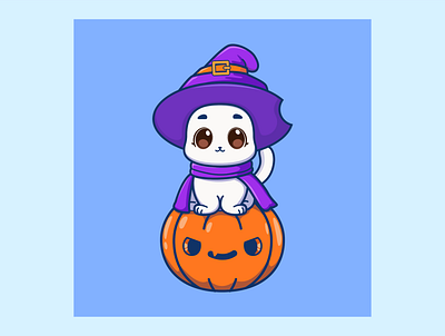 Cute witch cat sitting on pumpkin halloween illustration background