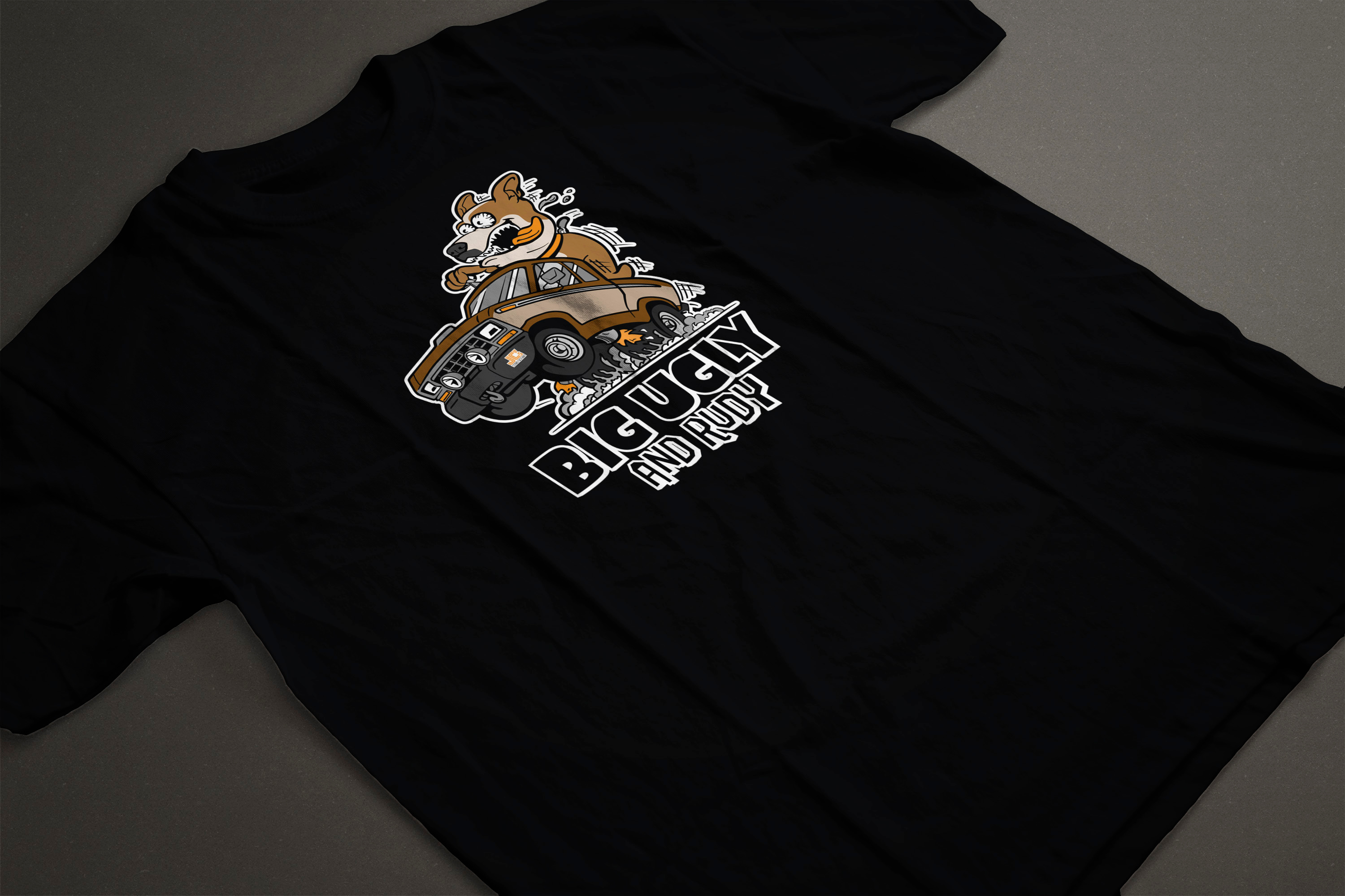 Big Ugly and Rudy Shirt Design (JC Auto Parts) animal apparel automobile automotive big daddy car cartoon clothing comic custom design dog hot rod illustration monster truck offroad pet rat fink roth truck