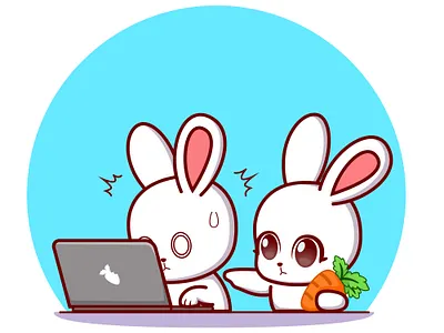 Cute couple bunny working on laptop bunny home