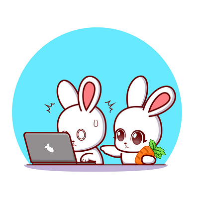 Cute couple bunny working on laptop bunny home