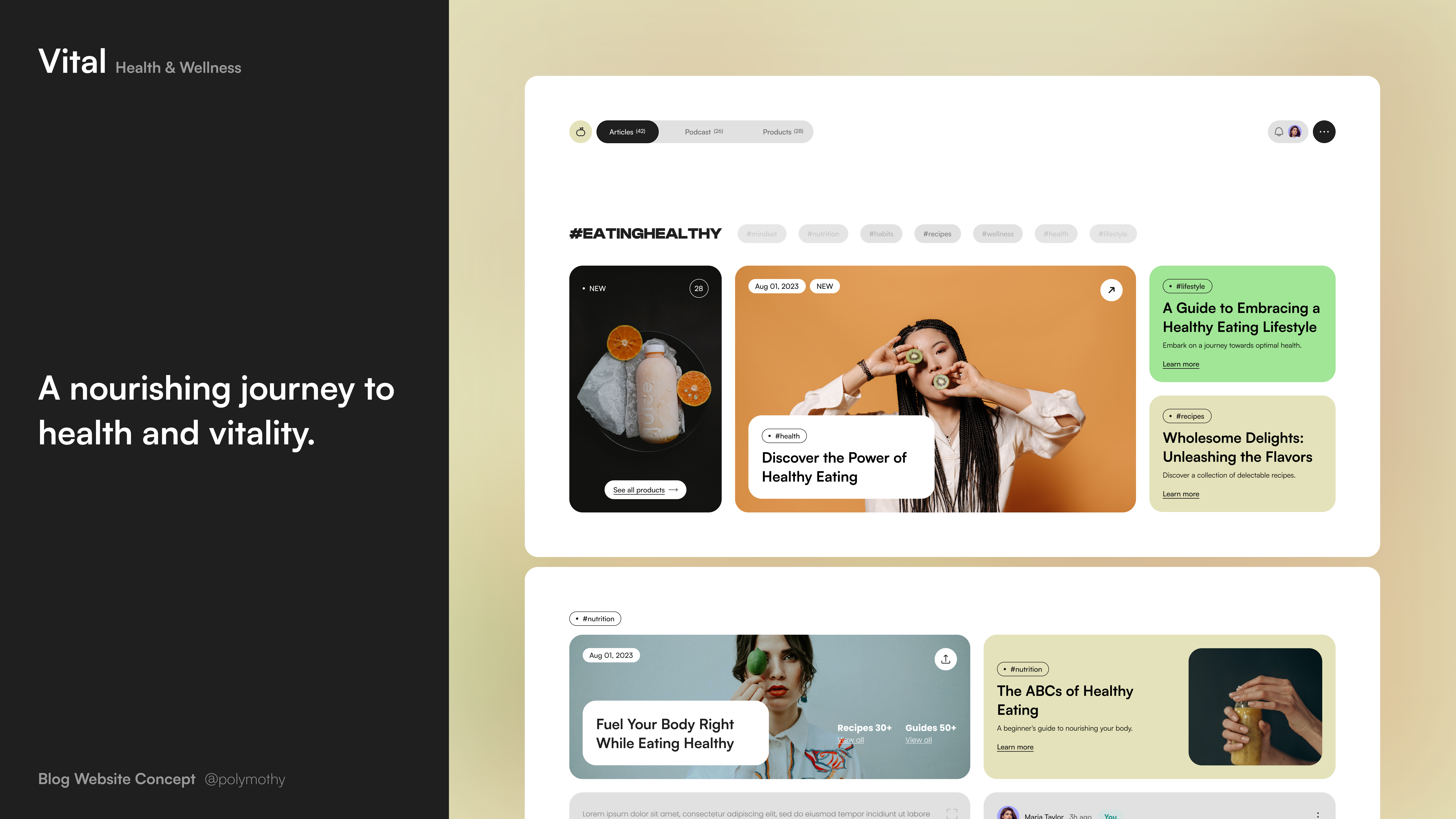 Vital | Healthy Blog, Landing Page app blog brand branding branding design concept art design healthy typography ui ux vector vital webs design