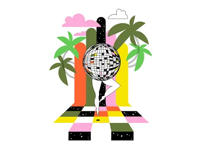 Evacuate the Dance Floor clouds dance dance floor dancing digital digital art digital illustration disco disco ball geometric illustration legs palette palm trees procreate