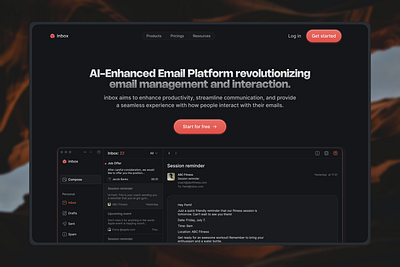 inbox: AI-ehanced email platform ai app design email platform landing page product design threads ui uiux ux webflow website design