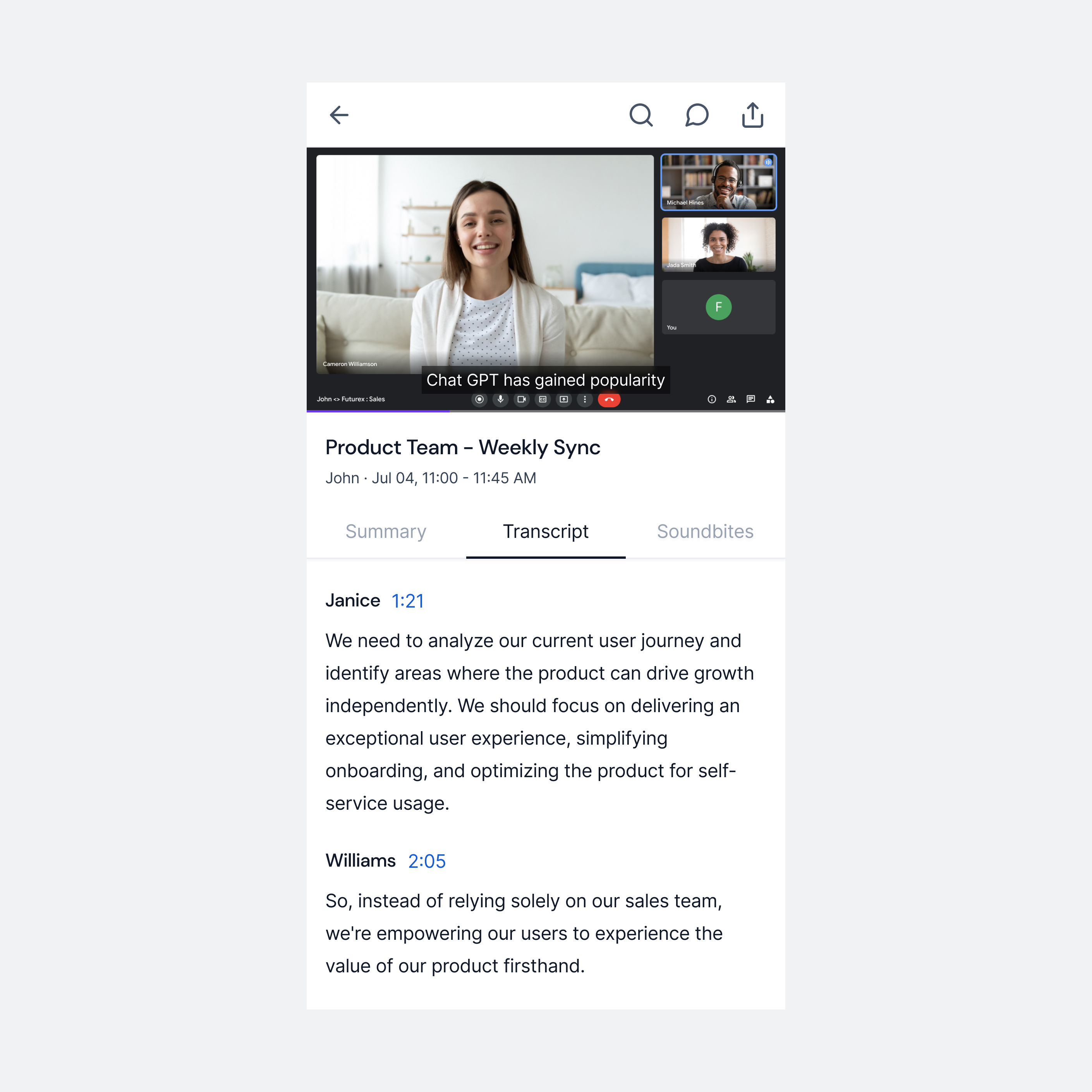 Meeting View - Fireflies Mobile ai api app assistant chatgpt meeting meeting assistant meeting notes meeting summary mobile online meeting open ai transcript ui ux video player
