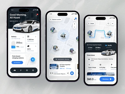 Electric Car Mobile App - Carbit ✨ 3d app design booking app car mobile app car rent charging station details location electric car electric car app gps ios map maps mobile app modern app rental app rental car rental car app tesla ui