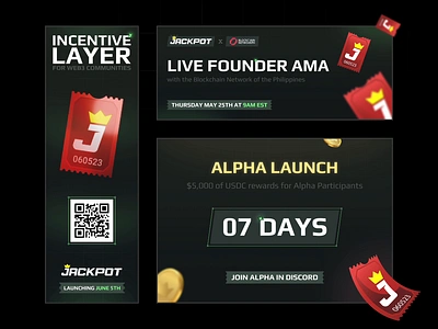 Jackpot XYZ - Social Media Banners ama animation banner blockchain branding community crypto game gaming graphic design illustration jackpot launch nft promo banner social media spin ticket twitter post web3