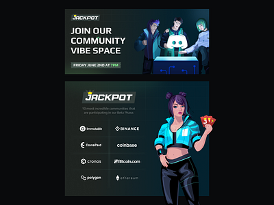Jackpot XYZ - Social Media Banners 2d blockchain characters community crypto cyber discord game gaming girl graphic design illustration jackpot mascot nft promo banner social media stand ticket web3