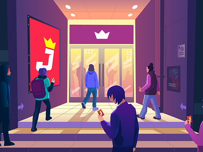 Jackpot XYZ - Promo Banner 2d banner blockchain character community crypto doors entrance game graphic design illustration jackpot nft people promo art restaurant social media stairs ticket web3