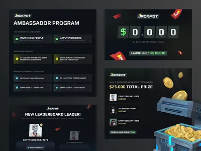 Get Jackpot XYZ - Social Media Banners ambassador animation banner blockchain chest coins community crypto game gaming graphic design illustration jackpot leaderbaord motion nft prize promo art ticket web3