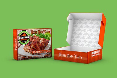 Buffalo Wings Packaging Box Design With 3D Mockup 3d mockup alpha design box design box mockup branding design food box food packaging free graphic design illustration imran mushtaq label design logo mailer box packaging design product packaging subscription box typography vector