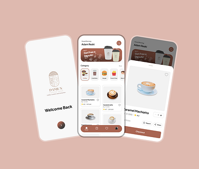 Coffee Shop App - Damiun Coffee Shop branding cafe checkout coffee shop coffeeapp design design app graphic design illustration indonesia ios iphone logo mobileapp shop transaction ui uiux ux vector