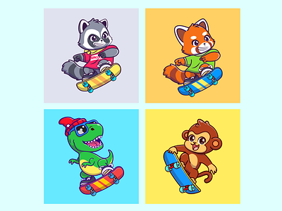 animal playing skateboard character illustration funny