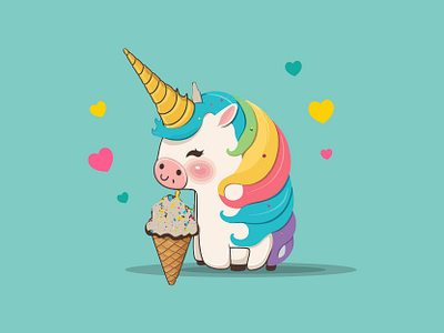 Kawaii little unicorn eating ice cream