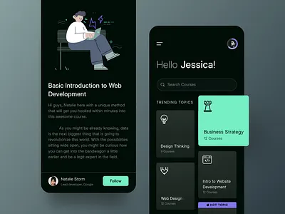 Learning app akhil sunny app asish sunny clean courses dark mode dark ui design education learning app minimal mobile mobile app mobile ui online learning pixalchemy product product design ui ux
