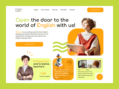 Lingua Land website - English language school page 3d branding design english green landing online orange school ui ux website