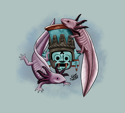 Tlaloc y axolotes axolote character design illustration