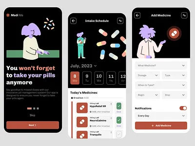 Medicine Intake Reminder App 071 branding challenge daily ui 071 dailyui dailyui071 design healthcarew illustration medicine medicine app medicine intake mockup onboarding planner planning app schedule ui uiux website