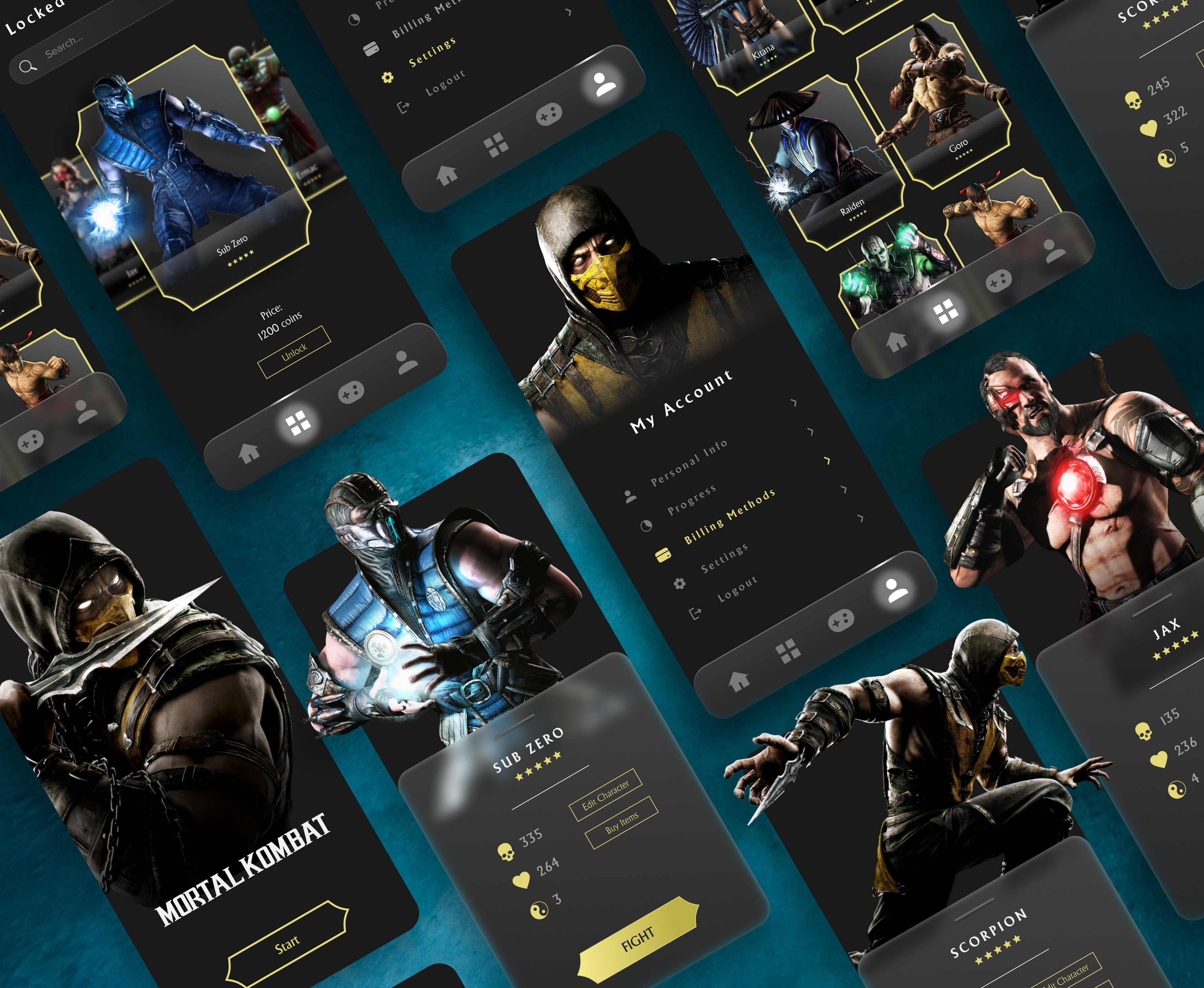 Mortal Kombat app black dark fight fighting game game app games gaming graphic design mobile mobile gaming mortal kombat ui ux video game