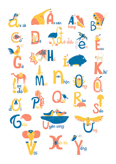 Vietnamese alphabet children illustration design flat ill illustration retro typography vector