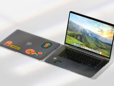 Macbook & Sticker (type B) mockup app branding design down download free illustration laptop logo mac macbook mock mock up mockup psd sticker ui ux web