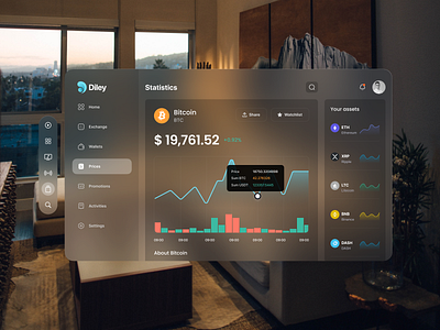 Diley for Vision OS - Spatial UI Design 3d apple apple principle bitcoin chart clean concept dark mode room spatial ui vision vision os