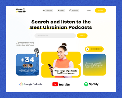 HearUkraine - platform for interesting Ukrainian podcasts branding design google google podcast landing logo page podcast ui ukraine ux website youtube