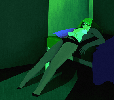 kapı açık bed bedroom dark girl green illustration light night procreate shadow tired