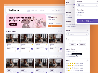 Dog Breeders Listing Page with Filters breeding dog dog lovers experts filter gender pedigree puppy rating and review watilist