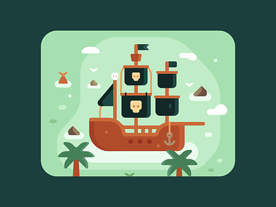 Pirate bay design fantasy geometric graphic design illustration island mermaid nature ocean palm pirate rock sails sea summer tree vector