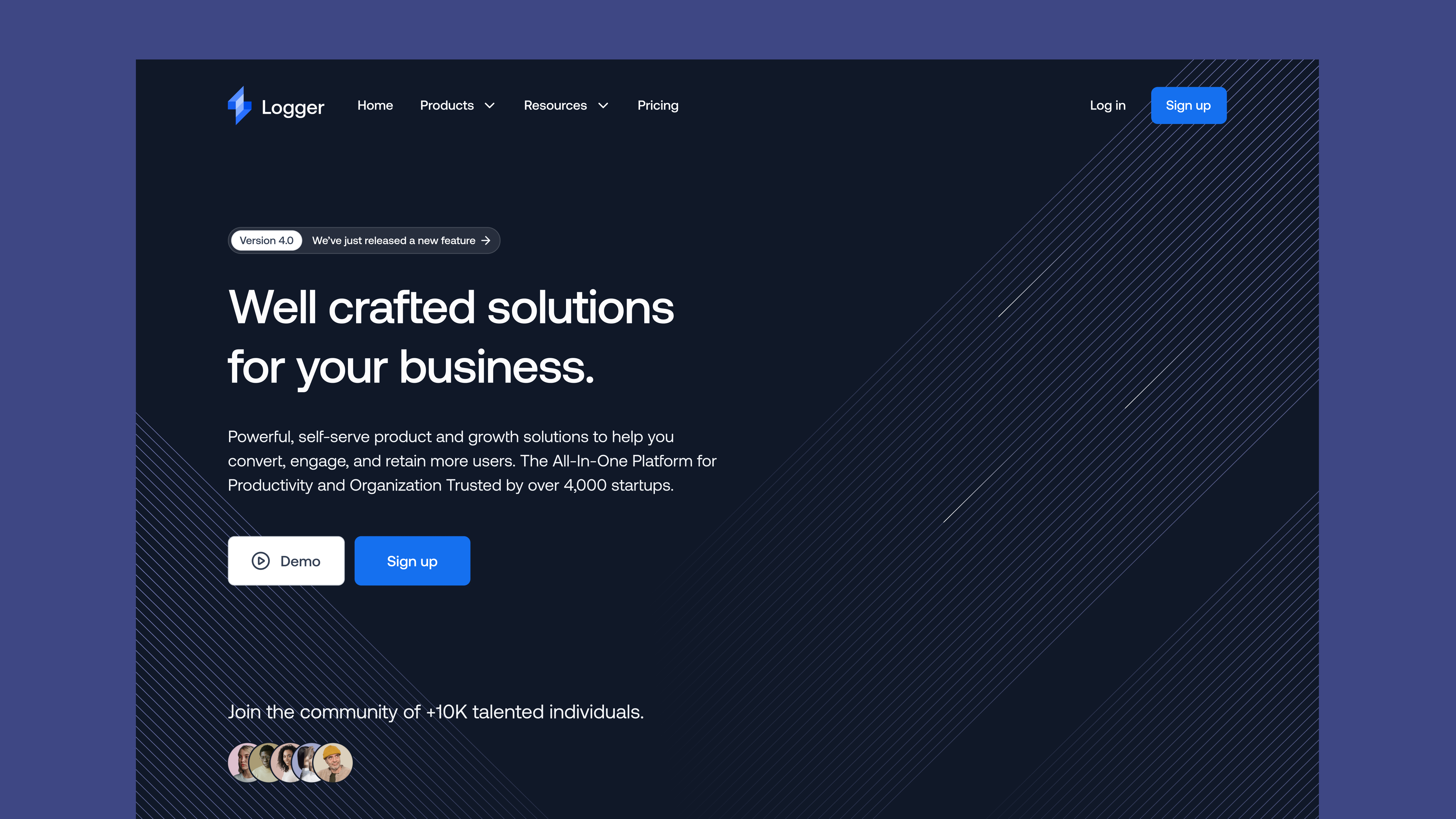 Logger Landing Page concept dark mode illustration landing page design landingpage lines minimal design patterns ui uidesign uiux