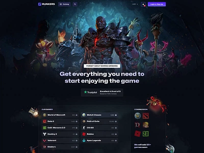 Runkers - eSport Marketplace Landing Page animation diablo dota2 esports gambling game game landing game marketplace gaming landing page lol marketplace platform scroll sell shop skins store trading wow