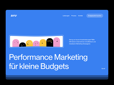 Biflo Hero Header Concept | Marketing Agency blue clean design german header hero illustration marketing marketing agency minimal performance marketing social media typography ui ui design ux ux design web web design website