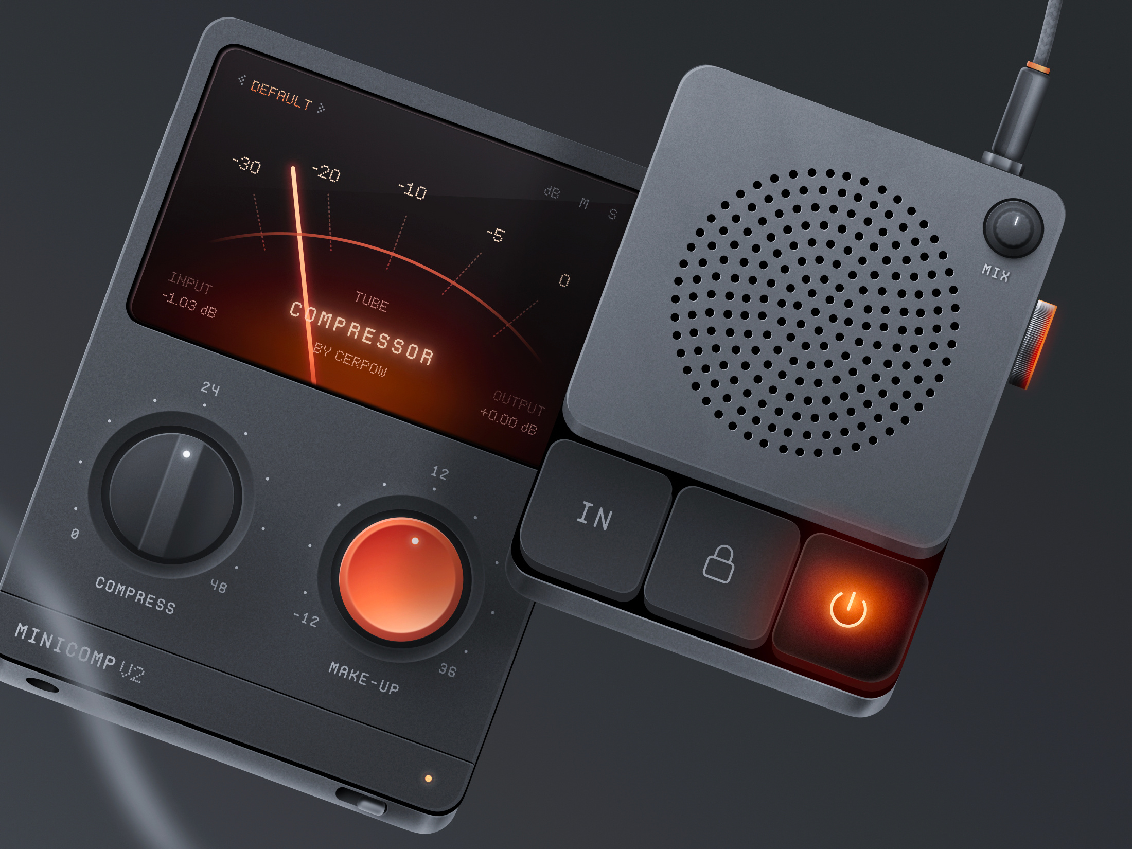 3D Compressor Plugin 3d audio button cable dark db device figma graph jack knob metal neumorphic orange plugin screen skeumorphism speaker ui vst