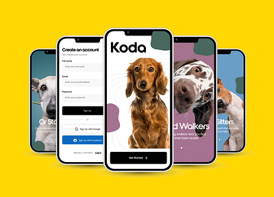 Koda: The Dog Everything App app branding camo colorful design dog logo mobile onboard onboarding product design sign in sign up ui