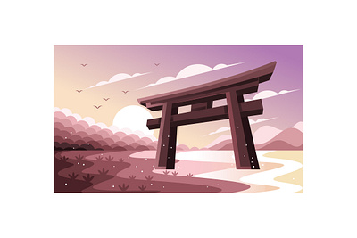 Torii Gate Japan in Beach Illustration historic