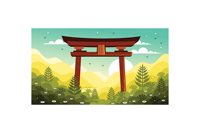 Torii Gate Japan in Forest Illustration historic