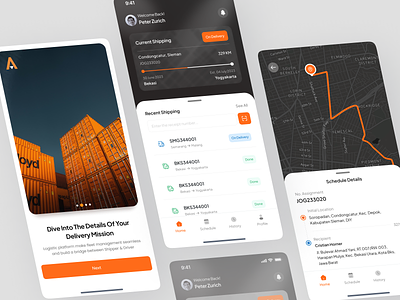 Nganter - Courier Logistic App app cargo dark delivery delivery app design home logistic logistics mobile shipment shipping track tracking transport truck ui