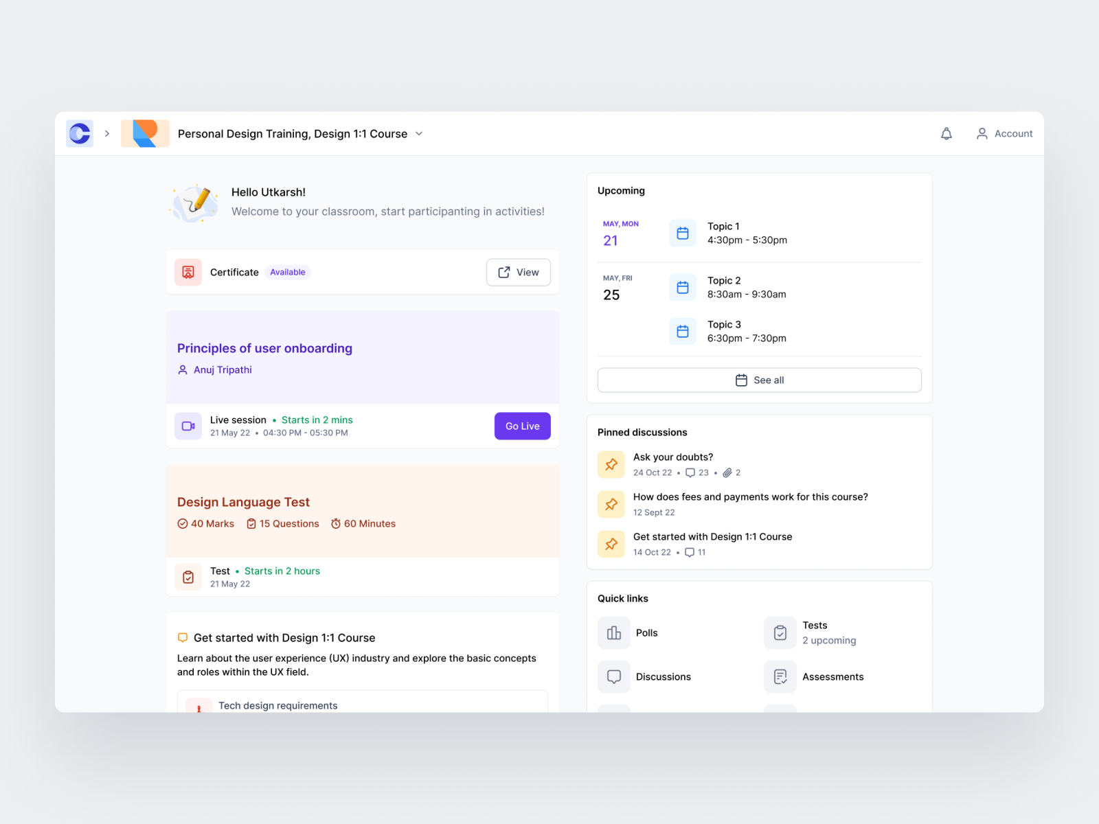 Timeline of live course app course courses education popular product design schedule startup web design