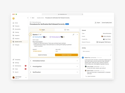 Quality Events - Stages activity feed app approve dashboard medical device quality events review stages tasks ui ux