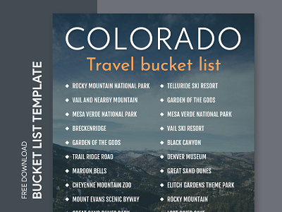 Colorado Travel Bucket List Free Google Docs Template america bucket bucketlist check checklist docs document goals google list print printing template templates todolist travel trip united states usa wishlist