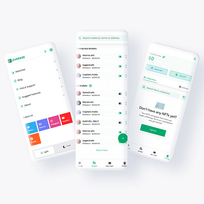 Menu options', manage wallet(s), and Empty profile screen app blockchain crypto design figma mobile nft profile ui user experience ux visual design wallet web3