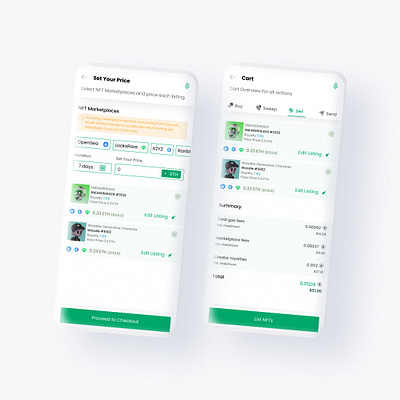 Cart overview for buy, sweep, sell, and send actions app blockchain cart crypto design figma marketplace mobile nft nfts ui ux visual design wallet web3