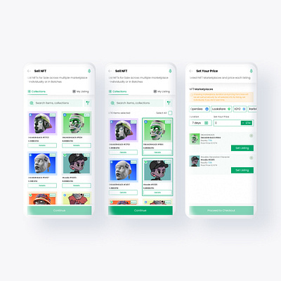 Selecting and Setting NFTs' prices for Listing app blockchain crypto design figma marketplace mobile nft nfts token ui ux visual design wallet web3