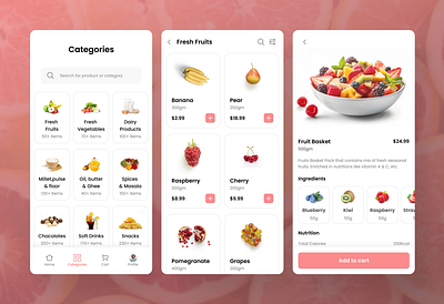 Grocery delivery categories cooking delivery doordash ecommerce fruit delivery groceries grocery grocery delivery listing mobile mobile app pink product design product details product listing recipe salad swiggy zomato