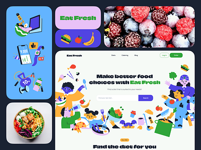 Eat Fresh - better food choices branding bright characters clean colorfull design food fresh illustration illustrator landing page logo quircky story ui vectors