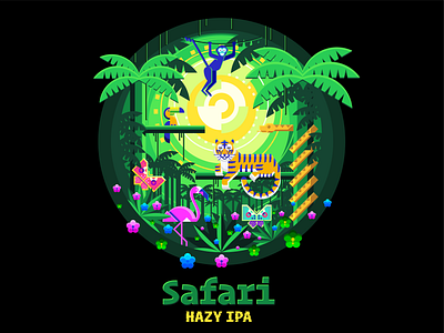Safari Hazy IPA label | Pogon Brewery adventure butterfly colorful craft beer exotic flower fun hazy ipa illustration jungle monkey new england ipa palm tree pogon brewery snake summer sun tiger toucan tropical
