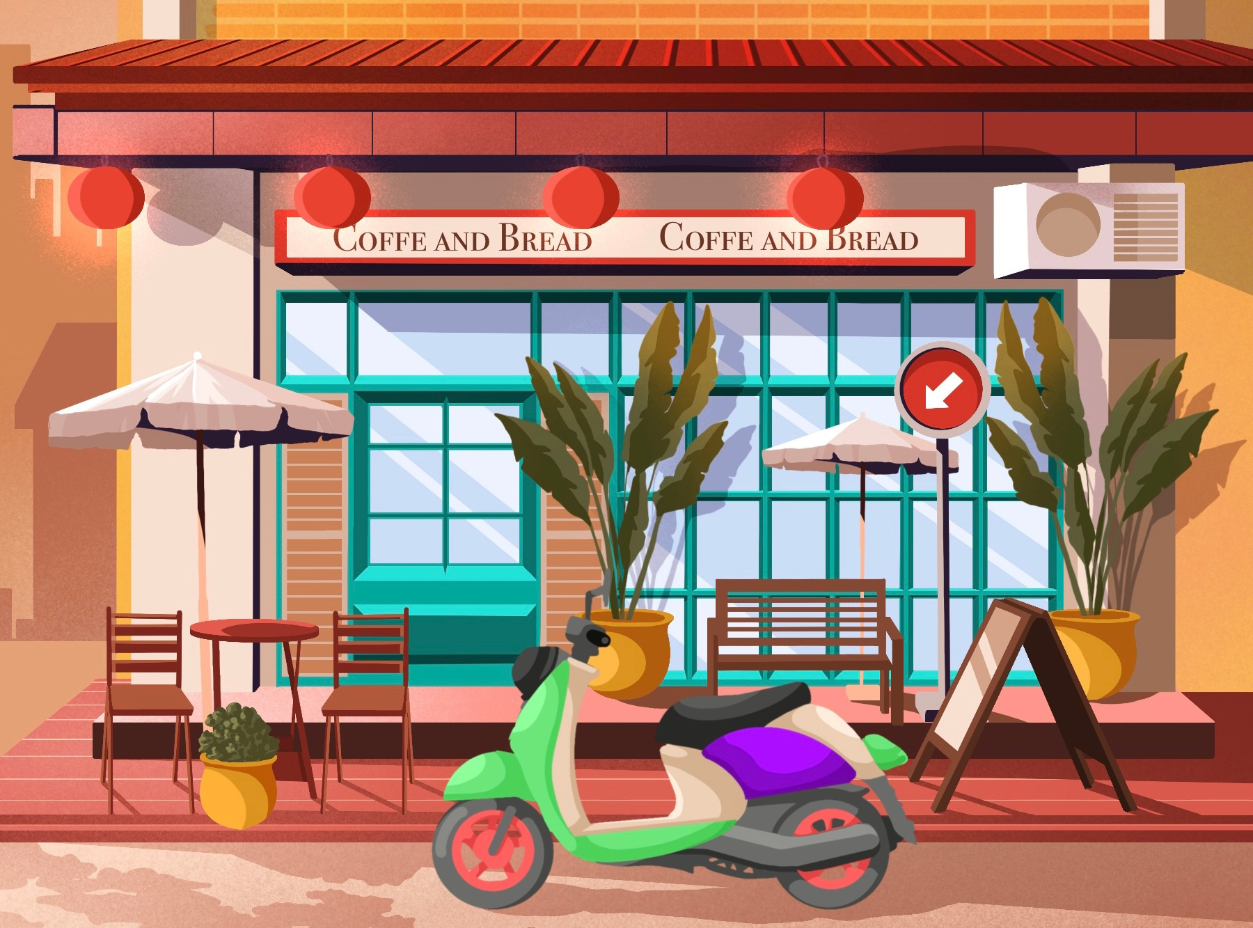 Shop house architecture art artwork bread cafe coffe design houses illustration leeart motorcycle
