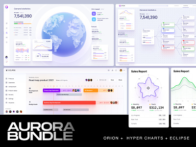 Aurora Bundle ✦ Orion + Eclipse + Hyper ✦ Save 30% 3d animation bundle chart dashboard dataviz design desktop development global graphic design infographic screens set startup statistic tech template ui widgets