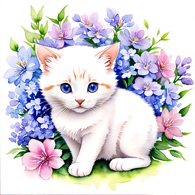 kitten surrounded by flowers cat design illustration watercolor