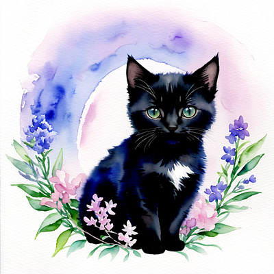 black kitten surrounded by flowers cat design watercolor